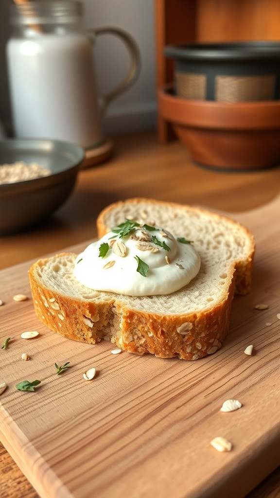 A slice of quick oat bread topped with yogurt and herbs on a wooden board.